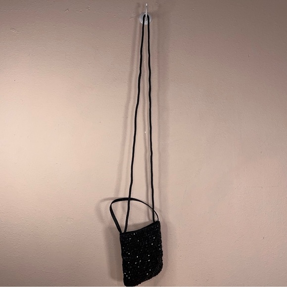 Black Sequin Small Purse Crossbody  Event Party Formal Glam Goth Retro Pinup - Picture 3 of 11